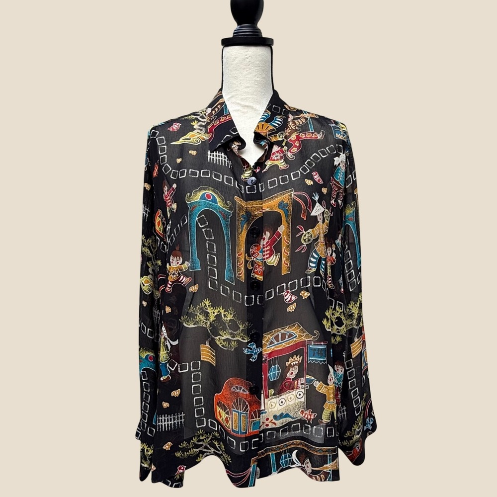 Chico's 100% Silk Novelty Print Button Down Shirt Multi Color Size 3
